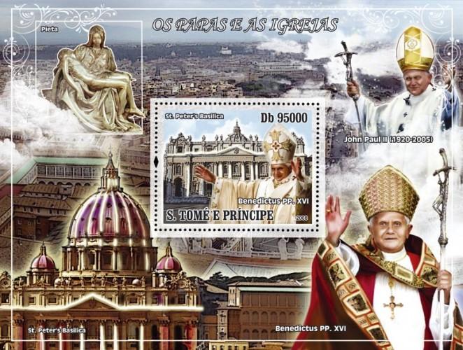 SAO TOME E PRINCIPE 2008 SHEET CHURCHES POPES JOHN PAUL II BENEDICT XVI st8307b