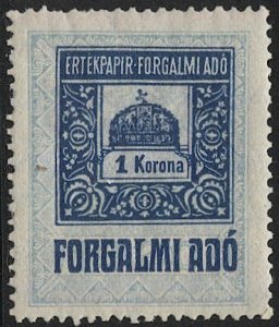 HUNGARY 1921 Barefoot 1a, 1K, Mint NH VF Forgalmi Ado (Sales Tax) Revenue, Crown
