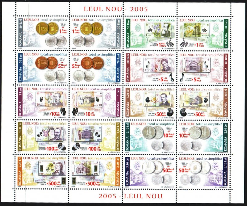 Romania. 2005. Small sheet 5947-66. Coins on stamps. MNH.