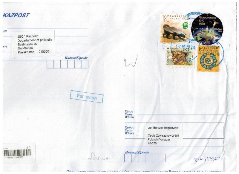 Kazakhstan 2020 Registered Cover to Poland Stamps Space Satellite Snail Animals