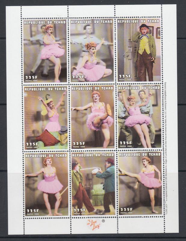 Chad Sc 865-867 MNH. 2000 I Love Lucy, cplt set of 3 sheets, VF.  Lucille Ball
