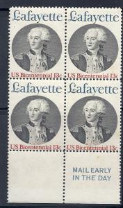 US#1716  - 13c Mail Early Block of 4 -  Lafayette CV $1.35