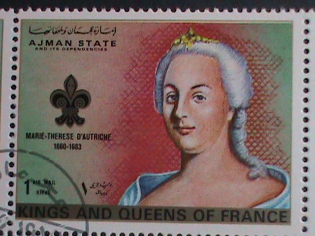 AJMAN STAMP-1972 KINGS AND QUEENS OF FRANCE -CTO SHEET VF-WITH SCOUT LOCO