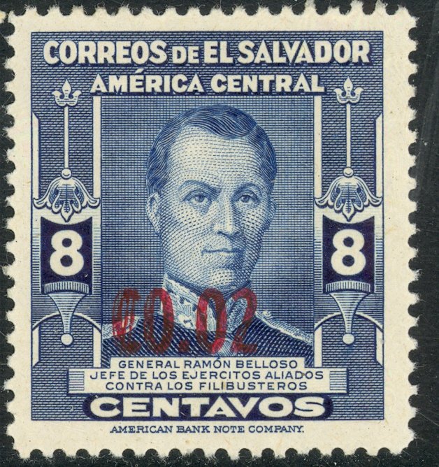 EL SALVADOR 1952-53 2c on 8c Ramon Belloso Surcharge Issue Sc 622 MH