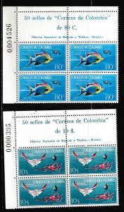 Colombia # 760-761, C481-483, Fish, Corner Blocks of 4, Stamps Mint NH, 1/2 Cat.