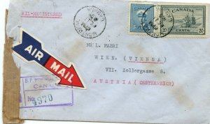 1949 Peace / War Issue 10c + 15 to AUSTRIA AIRMAIL Registered  cover Canada