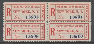 US Sc FX-NY1a(iv) MNH. 1883-1911 Registry Exchange Label, Block of 4