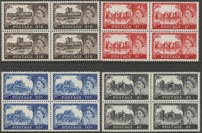 1963 Castles definitive set as blocks of 4, fine unmounted mint.