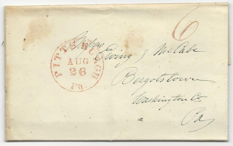 US Stampless Cover Folded Letter Red Pittsburg, PA CDS August 26, 1842