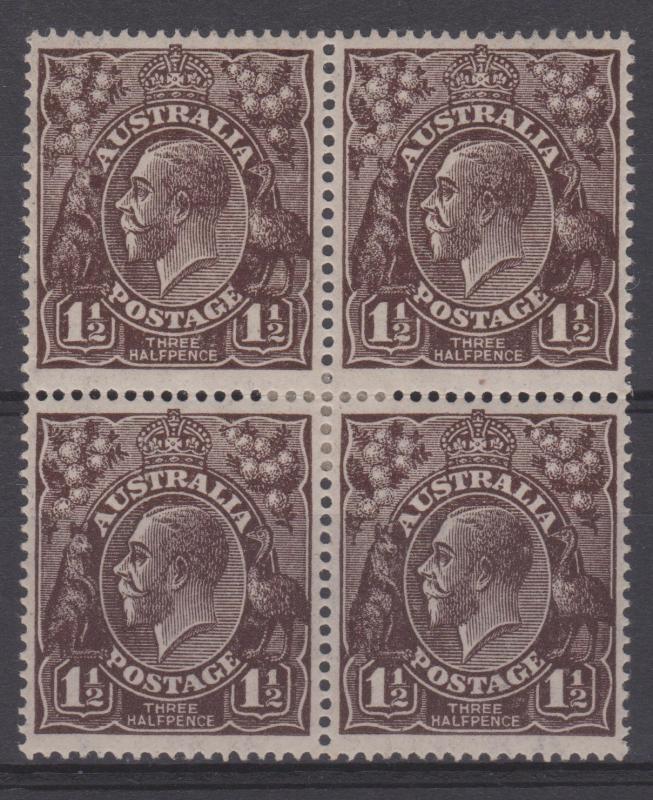 Australia Sc#63 SG51a ACSC84aa Thin Paper Black Brown VF MH Block of 4