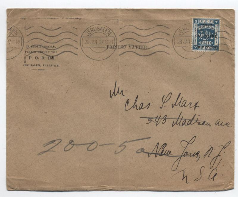 1927 Palestine 3m blue overprint printed matter cover to USA [y3125]