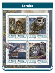 SAO TOME - 2017 - Owls - Perf 4v Sheet - Mint Never Hinged