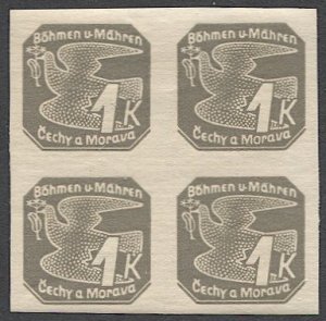 CZECHOSLOVAKIA Bohemia & Moravia 1939 Sc P9  1k VF Mint MNH/LH Block, Birds