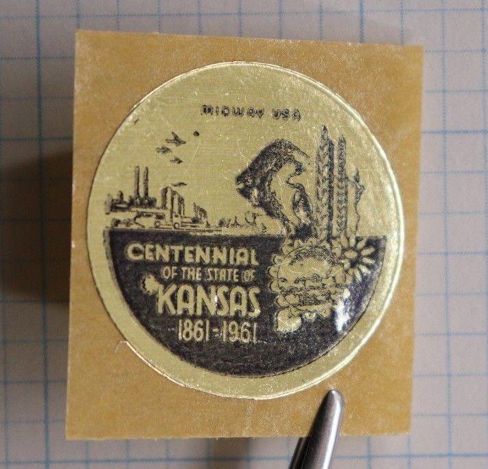 Kansas State Centennial 1961 Midway USA gold foil sticker Poster Stamp seal ad