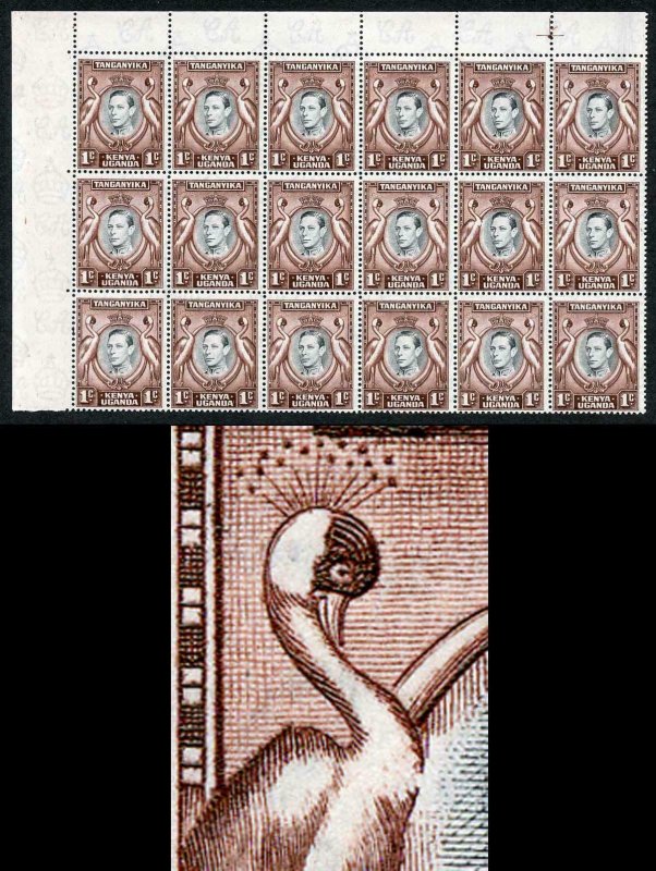 KUT SG131a/ae 1938-54 1c Block of 18 inc VARIETY break in birds breast U/M