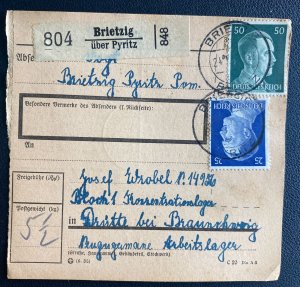 1943 Brietzig Poland Parcel Cover to Drutte Neuengamme Concentration Camp KZ