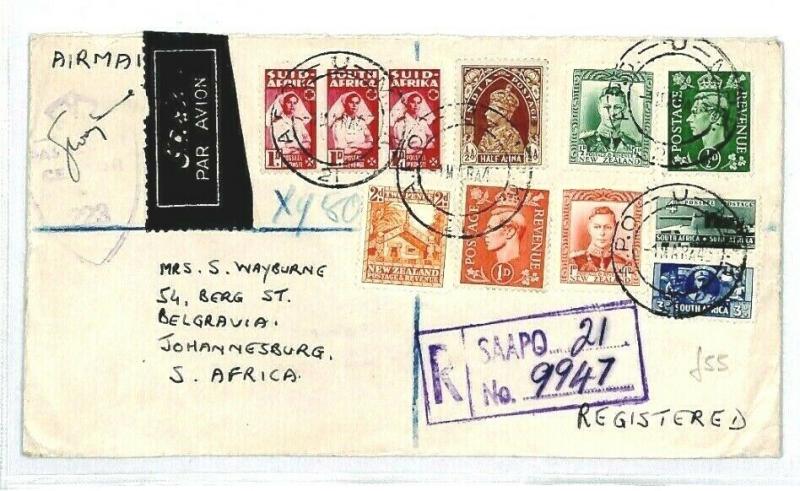 GB S AFRICA N ZEALAND  *SAAPO* Franking REGISTERED{samwells-covers}1945 WW2 CW21