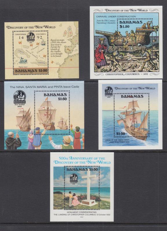 Bahamas Sc 644/753 MNH. 1988-1992 Discovery of America Souvenir Sheets, 5 diff