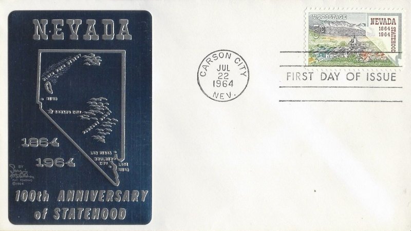 1964 FDC, #1248, 5c Nevada Centennial, Sarzin metallic