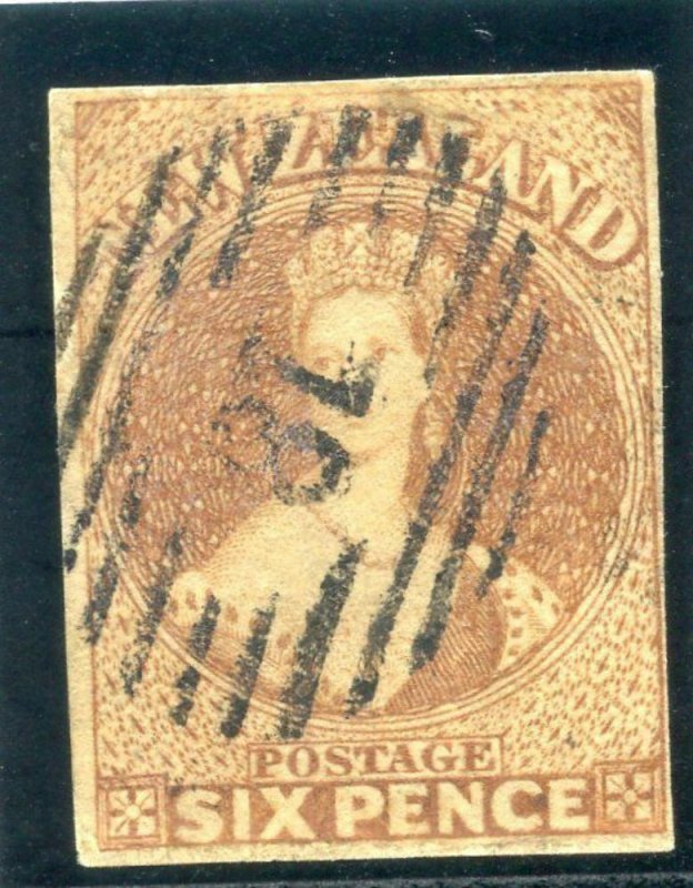 New Zealand 1857 QV 6d pale brown very fine used. SG 14.