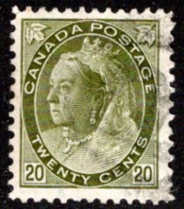 84 Scott - 20c olive green, Used, 1900. Victoria Numeral Issue Canada Postage St