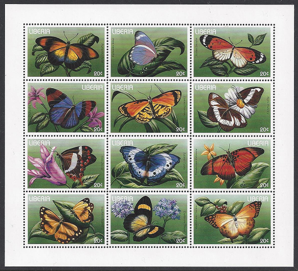 Liberia #1207a-f mint sheet of 12, butterflies issued 1996