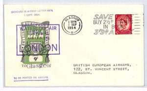 GB Air Mail Cover BEA 9d Rate Increase *HELICOPTER* London 1954 Glasgow YW63