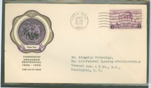 US 782 1936 3c Arkansas Centennial on an addressed (typed) FDC with a Rice cachet (corner fold)