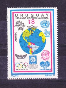 150 Anniv postal system Soccer ITU Olympic UPU map Uruguay Sc C428 MNH cv$12 