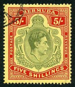 Bermuda SG118b KGVI 5/- Pale Green & Red/yellow Line Perf 14.25 (Ref 06)