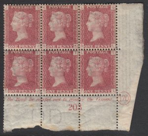 SG 43 Great Britain 1864-79. 1d red plate 170 lower right hand block of 6