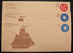 1975-76 US Sc. #U571 (2), #575 (1) envelopes, mint, with return addresses, nice