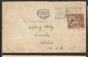 GREAT BRITAIN COVER 1924 EX 1 1/2D COVER SLOGAN CANCEL  TO USA  VFU P0919A  H