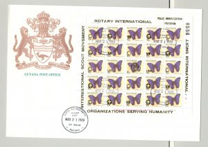 Guyana 1989 Butterflies 3v M/S of 25 Gold o/p Rotary Lions Club Scouts on 3v FDC