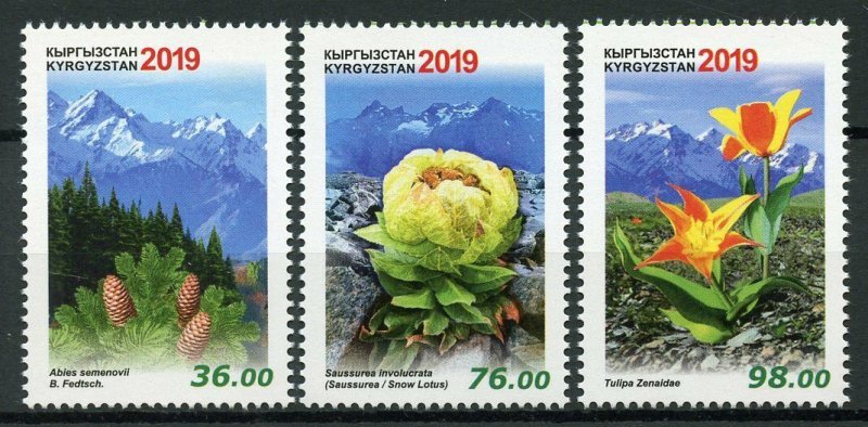 Kyrgyzstan Flowers Stamps 2019 MNH Flora Red Data Book Mountains Tulips 3v Set 