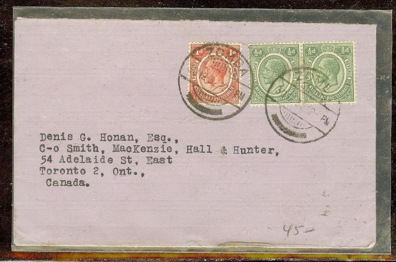 NYASALAND (P1210B) KGV 1D+1/2D PR ON COVER ZOMBA TO CANADA