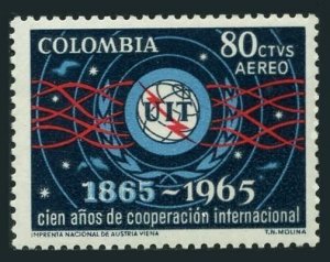 Colombia C467 two stamps, MNH. Michel 1061. ITU-100, 1965. Emblem.