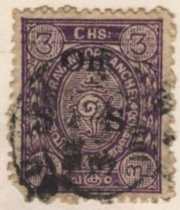 India: Travancore O3 (used) 3ch conch shell, pur, ovptd “On S S” (1911)