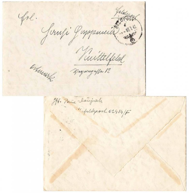 Germany Soldier's Free Mail 1940 Feldpost 09414/F Mobilmachung-1.1.1940) Bord...