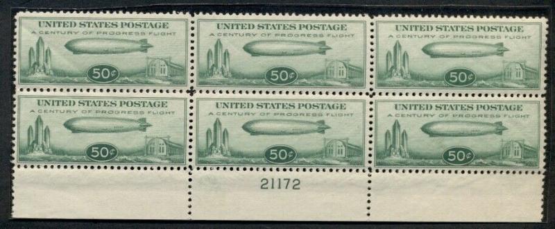 US #C18, 50¢ Zeppelin, Plate No. Block of 6, og, NH, VF, Scott $675.00