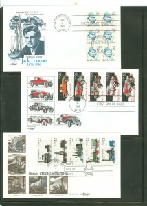 US 2197a/2385a/2362a 1987-88 3 different booklet panes FDCs. Artmaster cachets. Jack London. Classic Cars. Locomotives.