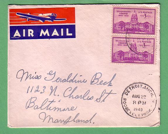 sc896 Airmail w/ Ettiq. Mich. to Md. 8-22-40