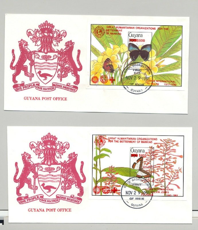 Guyana 1991 Butterflies 4v Imperf S/S Red o/p Rotary, Lions Club on 4 FDC