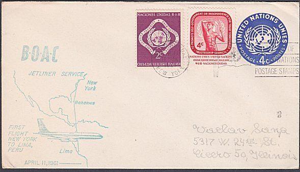 USA UN FRANKING 1961 first flight cover NY to Lima Peru.....................7134