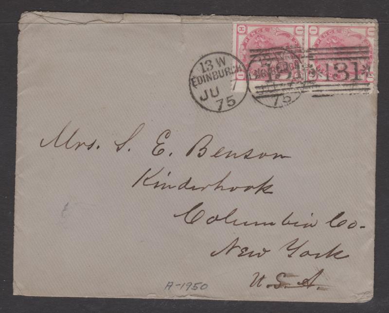 Great Britain 1875 QV 3d Rose Sc#61 Pair on Cover to USA New York Backstamp