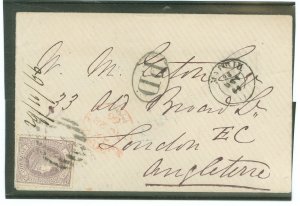 Spain 86 1866 Madrid to London with black grid & red receiving cancels (11/28/66).  Green handstamp on back, good condition.