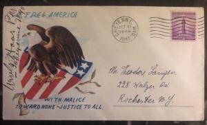 1941 USA Patriotic Cover Cheyenne WY Free America Justice To All To Rochester NY