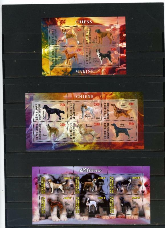 IVORY COAST 2013 FAUNA DOGS 3 SHEETS OF 4 & 6 STAMPS MNH 