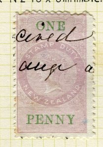 NEW ZEALAND; 1871 classic QV Stamp Duty issue used Shade of 1d. P.10 Wmk. NZ