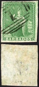 Barbados SG8 (1/2d) Green Fine four margins Cat 150 pounds